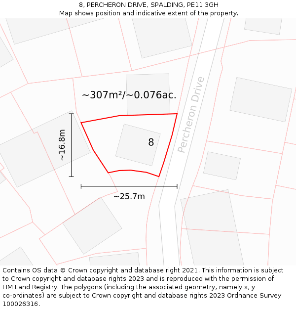 8, PERCHERON DRIVE, SPALDING, PE11 3GH: Plot and title map