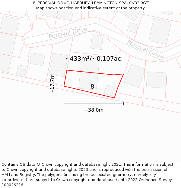 8, PERCIVAL DRIVE, HARBURY, LEAMINGTON SPA, CV33 9GZ: Plot and title map