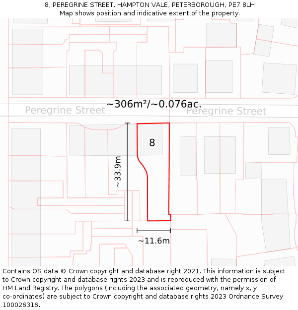 8, PEREGRINE STREET, HAMPTON VALE, PETERBOROUGH, PE7 8LH: Plot and title map