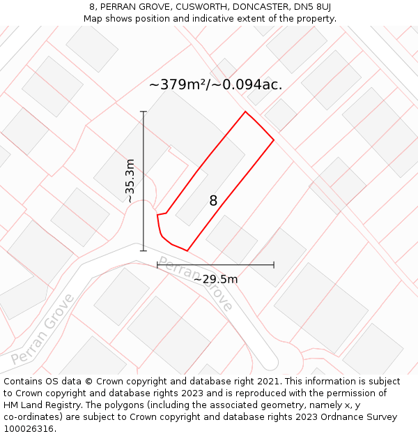 8, PERRAN GROVE, CUSWORTH, DONCASTER, DN5 8UJ: Plot and title map