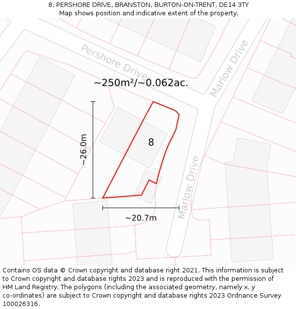 8, PERSHORE DRIVE, BRANSTON, BURTON-ON-TRENT, DE14 3TY: Plot and title map