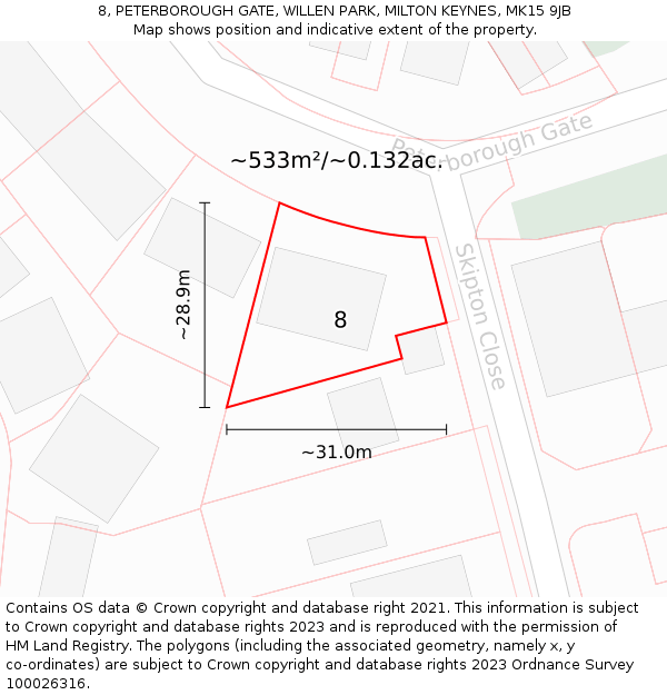 8, PETERBOROUGH GATE, WILLEN PARK, MILTON KEYNES, MK15 9JB: Plot and title map
