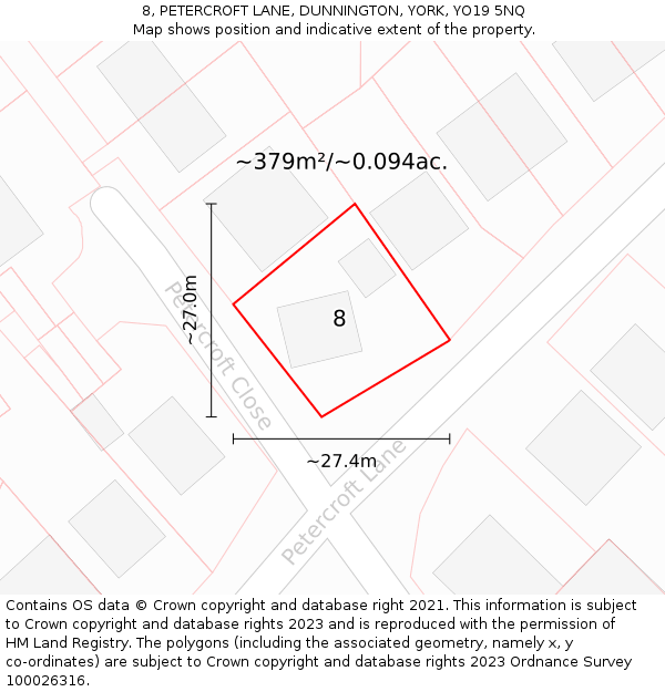 8, PETERCROFT LANE, DUNNINGTON, YORK, YO19 5NQ: Plot and title map