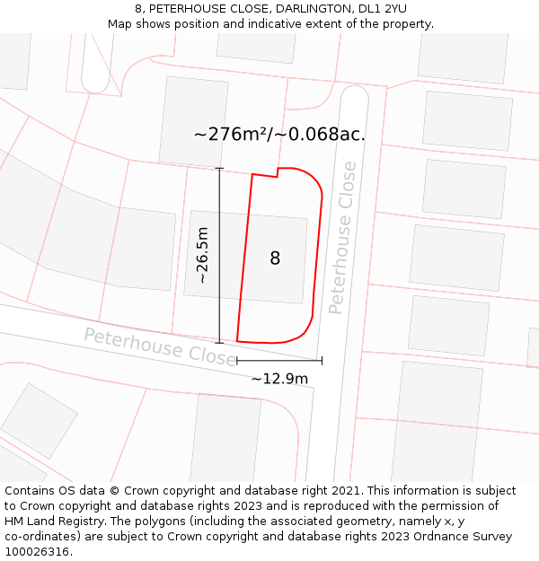 8, PETERHOUSE CLOSE, DARLINGTON, DL1 2YU: Plot and title map