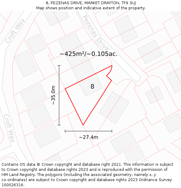 8, PEZENAS DRIVE, MARKET DRAYTON, TF9 3UJ: Plot and title map
