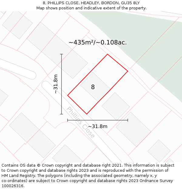 8, PHILLIPS CLOSE, HEADLEY, BORDON, GU35 8LY: Plot and title map