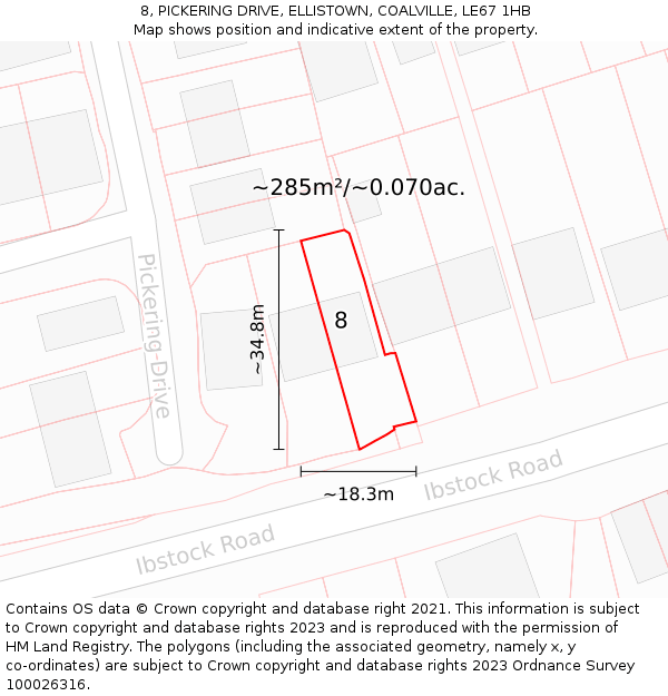 8, PICKERING DRIVE, ELLISTOWN, COALVILLE, LE67 1HB: Plot and title map