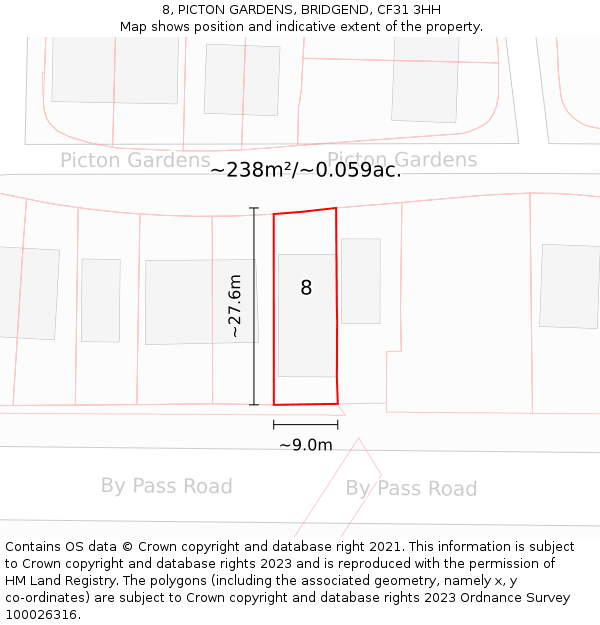 8, PICTON GARDENS, BRIDGEND, CF31 3HH: Plot and title map