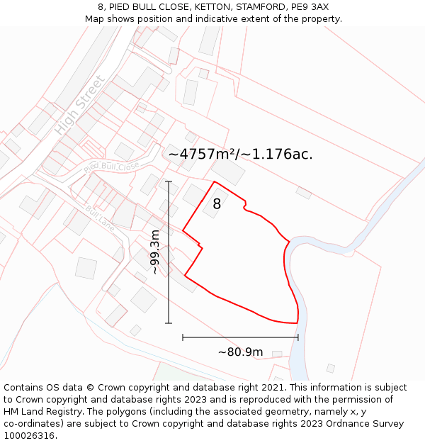 8, PIED BULL CLOSE, KETTON, STAMFORD, PE9 3AX: Plot and title map