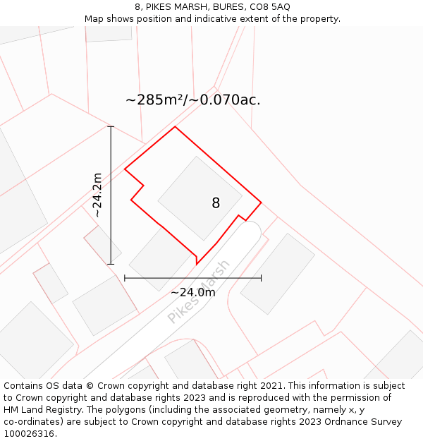 8, PIKES MARSH, BURES, CO8 5AQ: Plot and title map
