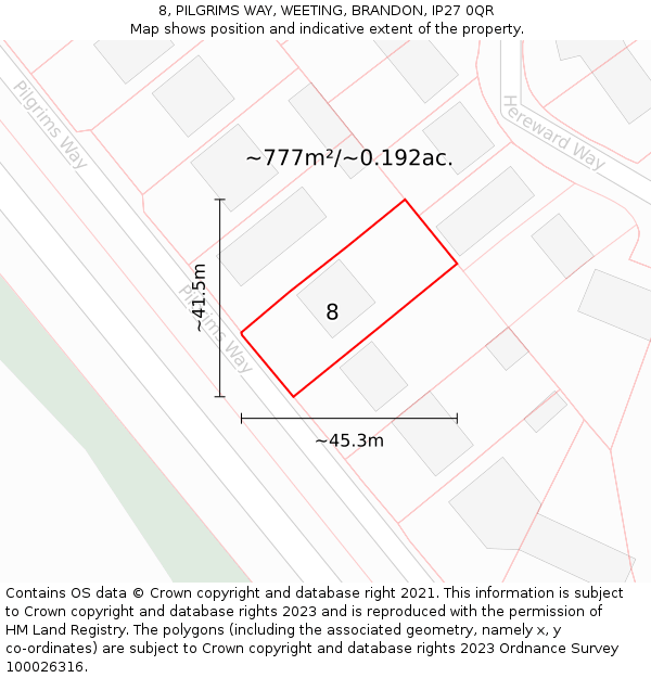 8, PILGRIMS WAY, WEETING, BRANDON, IP27 0QR: Plot and title map