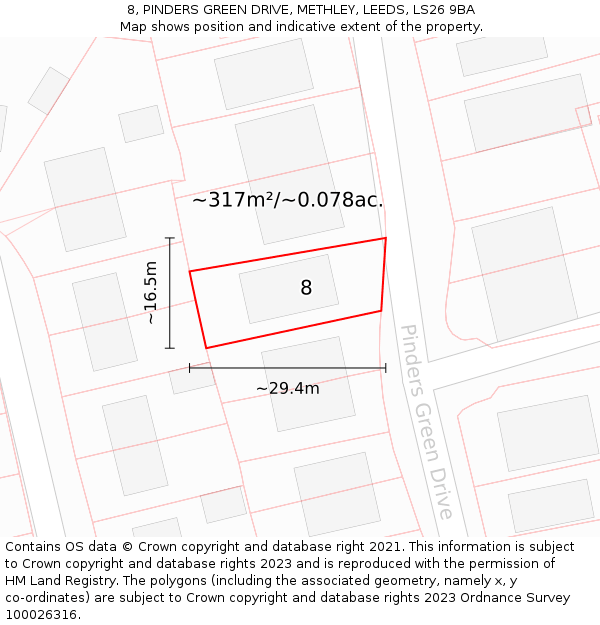 8, PINDERS GREEN DRIVE, METHLEY, LEEDS, LS26 9BA: Plot and title map