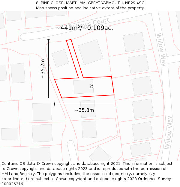 8, PINE CLOSE, MARTHAM, GREAT YARMOUTH, NR29 4SG: Plot and title map