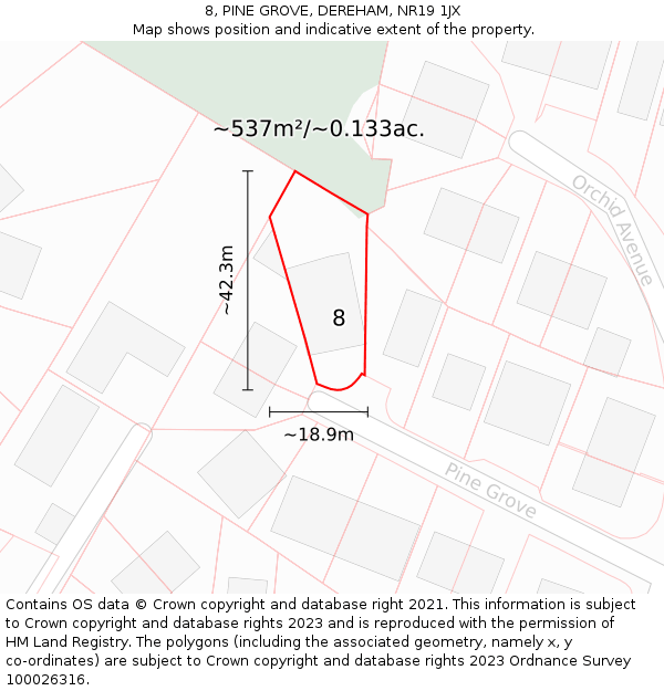 8, PINE GROVE, DEREHAM, NR19 1JX: Plot and title map