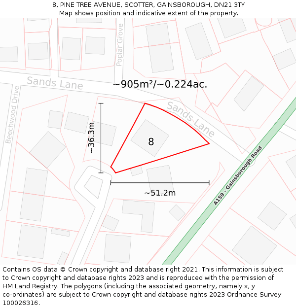 8, PINE TREE AVENUE, SCOTTER, GAINSBOROUGH, DN21 3TY: Plot and title map