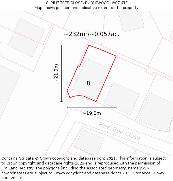 8, PINE TREE CLOSE, BURNTWOOD, WS7 4TE: Plot and title map