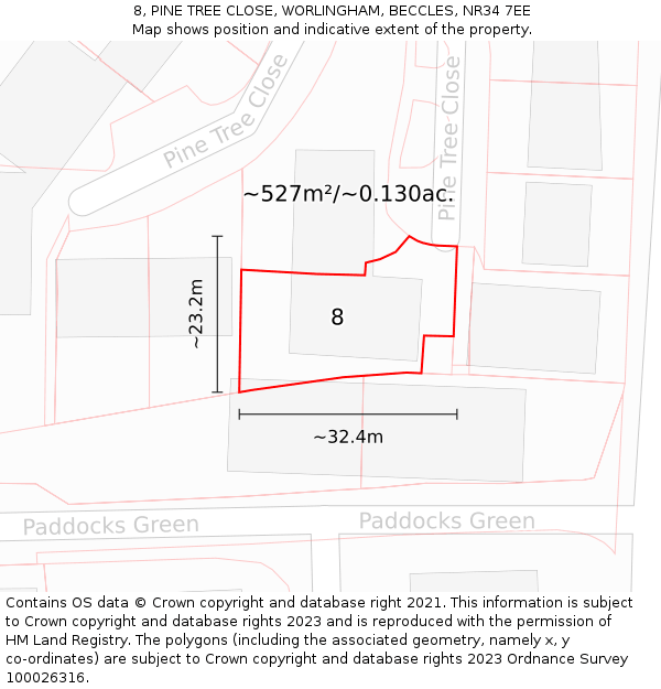 8, PINE TREE CLOSE, WORLINGHAM, BECCLES, NR34 7EE: Plot and title map
