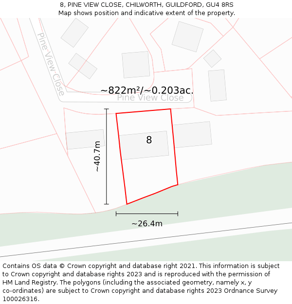 8, PINE VIEW CLOSE, CHILWORTH, GUILDFORD, GU4 8RS: Plot and title map