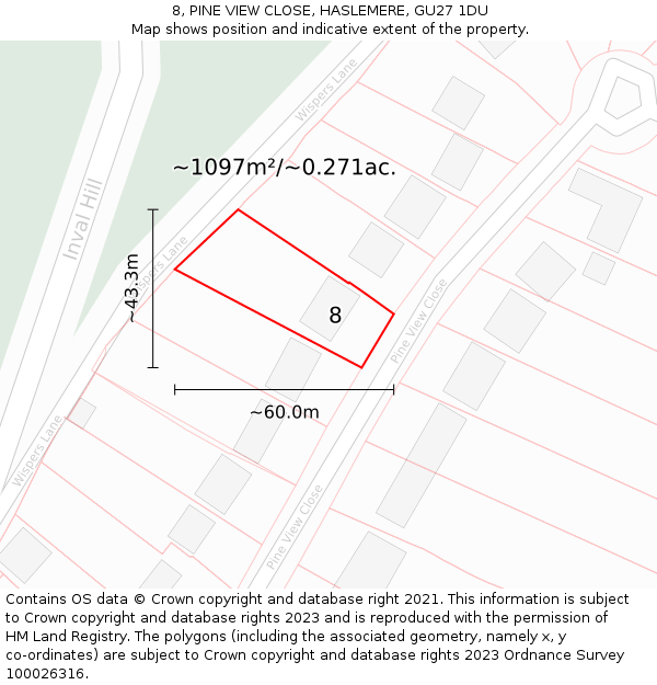 8, PINE VIEW CLOSE, HASLEMERE, GU27 1DU: Plot and title map