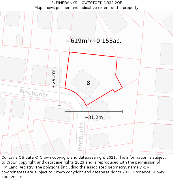 8, PINEBANKS, LOWESTOFT, NR32 2QE: Plot and title map