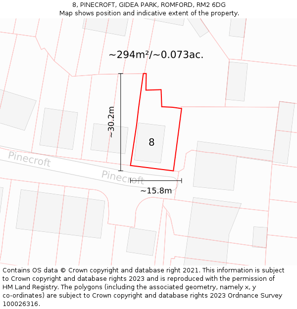 8, PINECROFT, GIDEA PARK, ROMFORD, RM2 6DG: Plot and title map