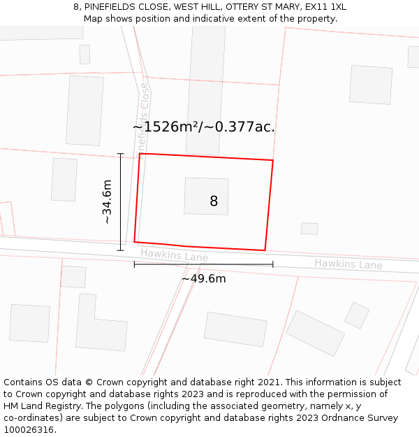 8, PINEFIELDS CLOSE, WEST HILL, OTTERY ST MARY, EX11 1XL: Plot and title map