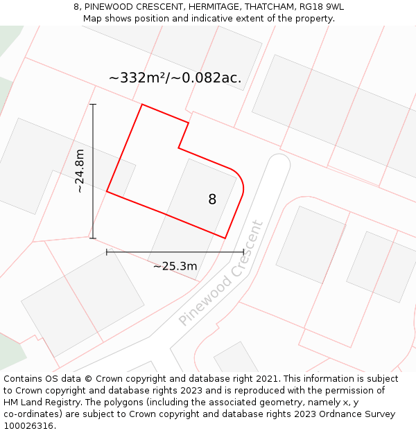 8, PINEWOOD CRESCENT, HERMITAGE, THATCHAM, RG18 9WL: Plot and title map