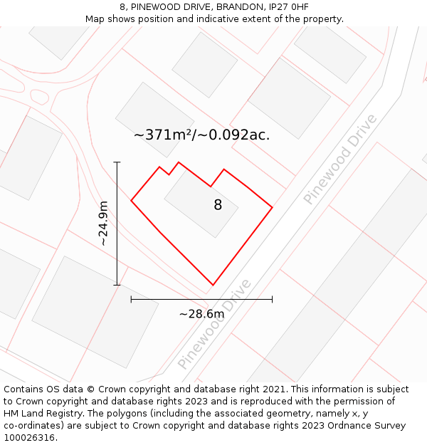 8, PINEWOOD DRIVE, BRANDON, IP27 0HF: Plot and title map