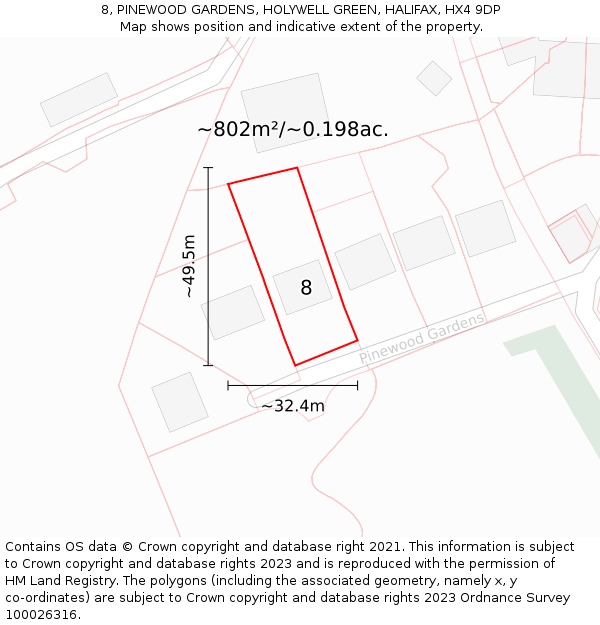 8, PINEWOOD GARDENS, HOLYWELL GREEN, HALIFAX, HX4 9DP: Plot and title map