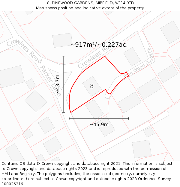 8, PINEWOOD GARDENS, MIRFIELD, WF14 9TB: Plot and title map