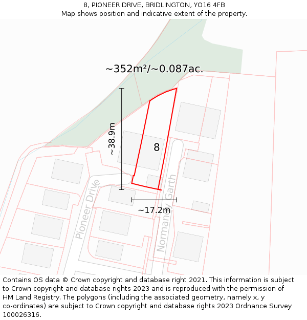 8, PIONEER DRIVE, BRIDLINGTON, YO16 4FB: Plot and title map