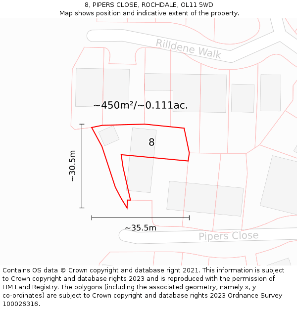 8, PIPERS CLOSE, ROCHDALE, OL11 5WD: Plot and title map