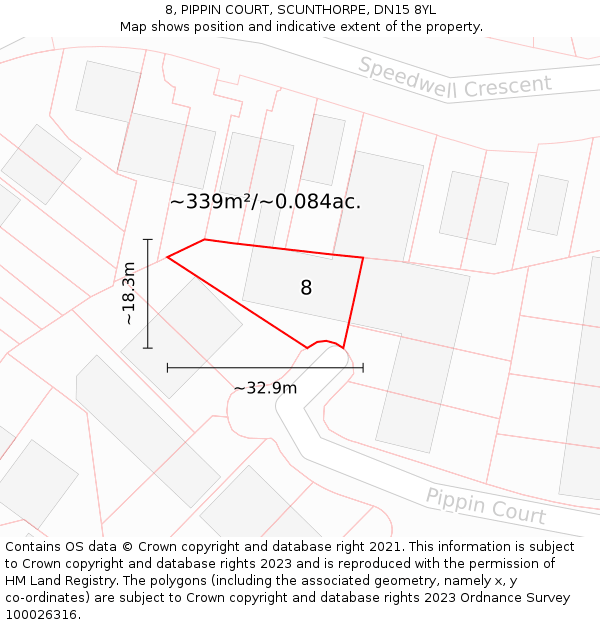 8, PIPPIN COURT, SCUNTHORPE, DN15 8YL: Plot and title map