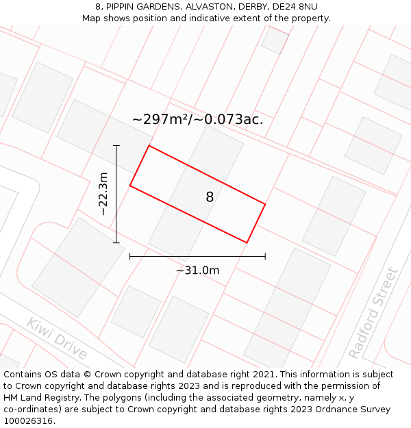 8, PIPPIN GARDENS, ALVASTON, DERBY, DE24 8NU: Plot and title map