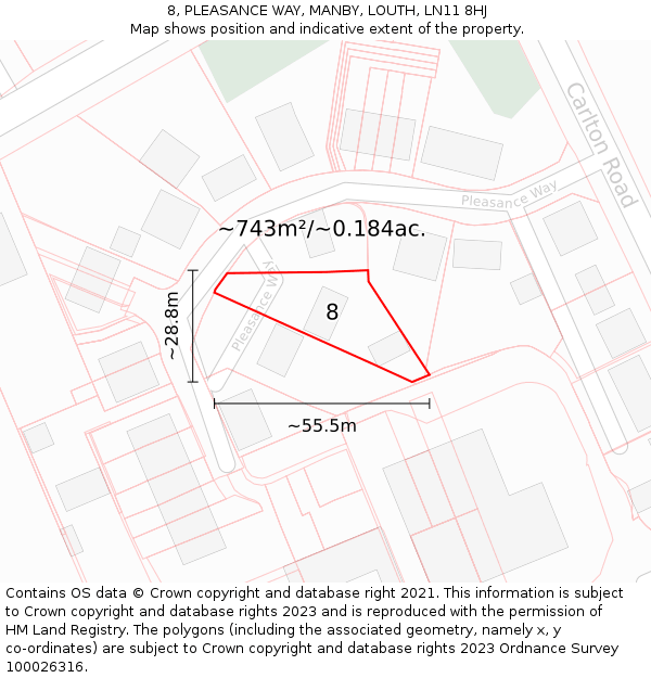 8, PLEASANCE WAY, MANBY, LOUTH, LN11 8HJ: Plot and title map