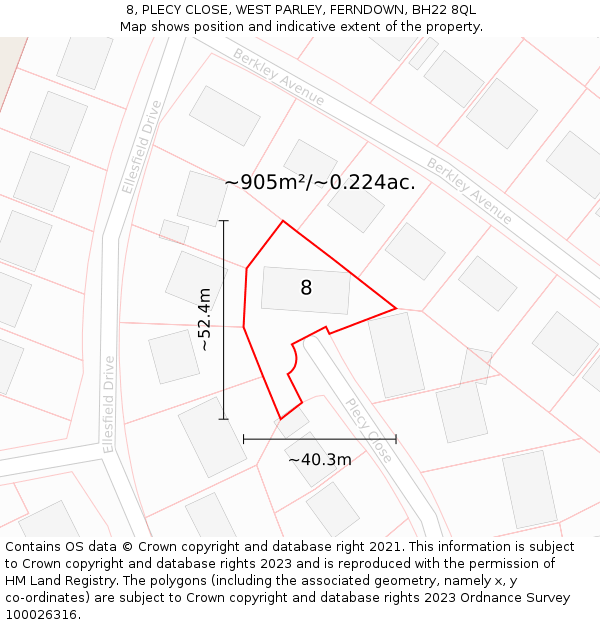 8, PLECY CLOSE, WEST PARLEY, FERNDOWN, BH22 8QL: Plot and title map