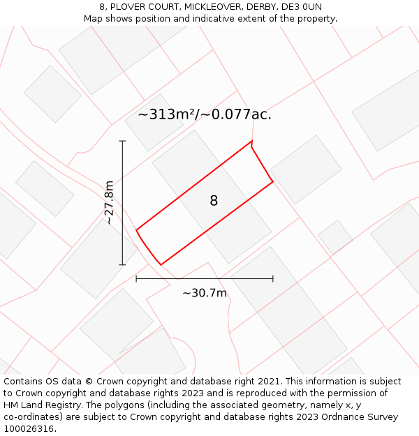 8, PLOVER COURT, MICKLEOVER, DERBY, DE3 0UN: Plot and title map