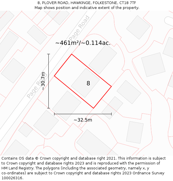 8, PLOVER ROAD, HAWKINGE, FOLKESTONE, CT18 7TF: Plot and title map