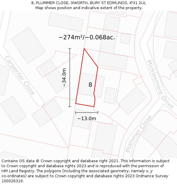 8, PLUMMER CLOSE, IXWORTH, BURY ST EDMUNDS, IP31 2UL: Plot and title map