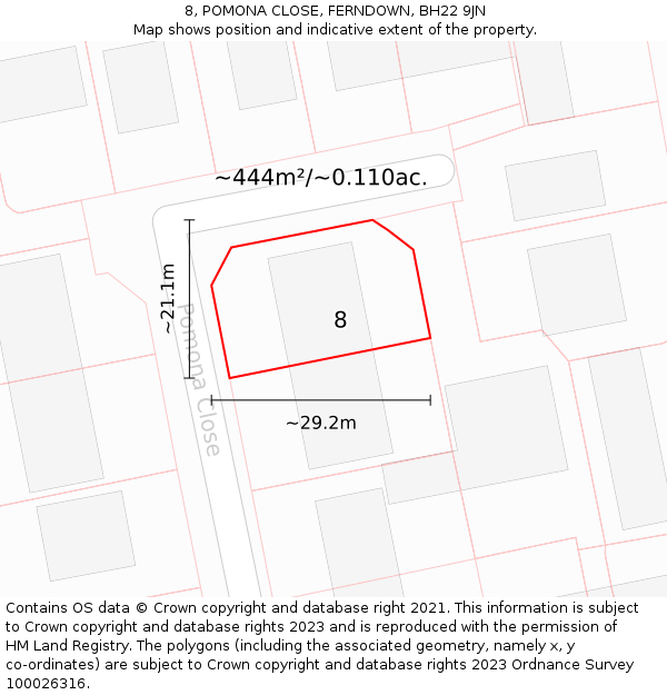 8, POMONA CLOSE, FERNDOWN, BH22 9JN: Plot and title map