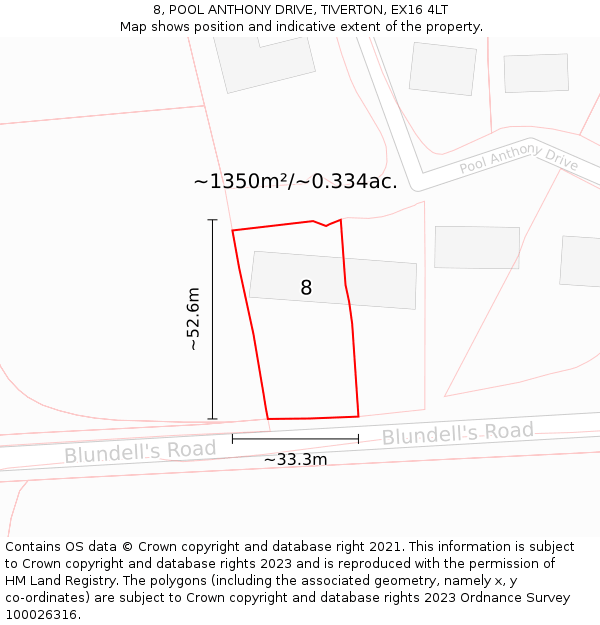 8, POOL ANTHONY DRIVE, TIVERTON, EX16 4LT: Plot and title map