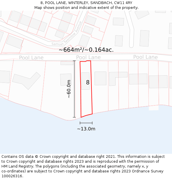 8, POOL LANE, WINTERLEY, SANDBACH, CW11 4RY: Plot and title map