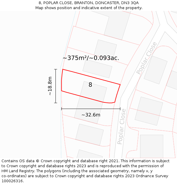 8, POPLAR CLOSE, BRANTON, DONCASTER, DN3 3QA: Plot and title map