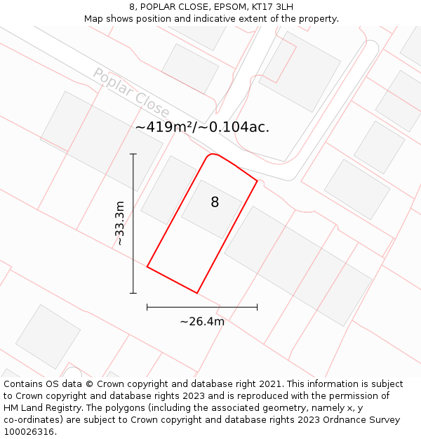 8, POPLAR CLOSE, EPSOM, KT17 3LH: Plot and title map