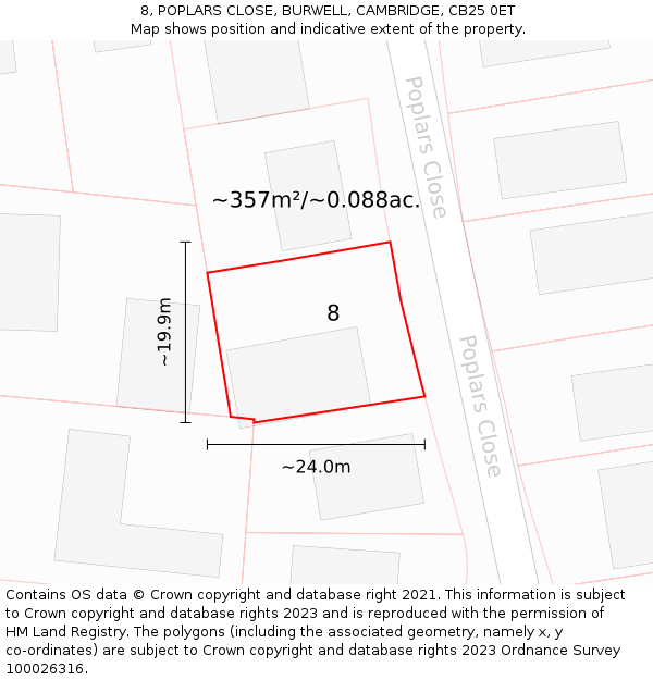 8, POPLARS CLOSE, BURWELL, CAMBRIDGE, CB25 0ET: Plot and title map