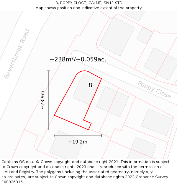 8, POPPY CLOSE, CALNE, SN11 9TD: Plot and title map
