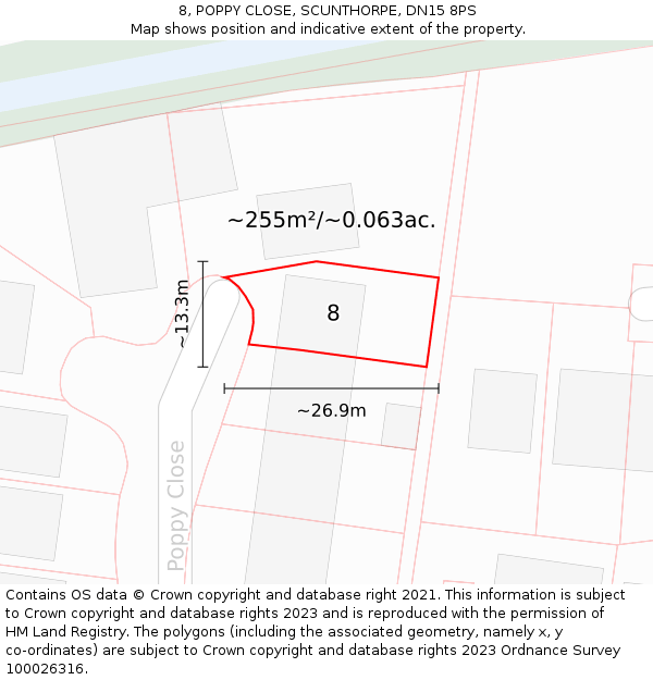 8, POPPY CLOSE, SCUNTHORPE, DN15 8PS: Plot and title map