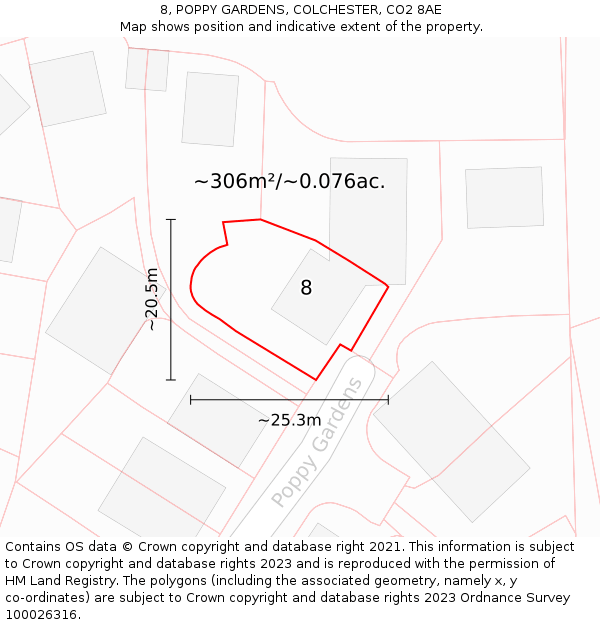 8, POPPY GARDENS, COLCHESTER, CO2 8AE: Plot and title map