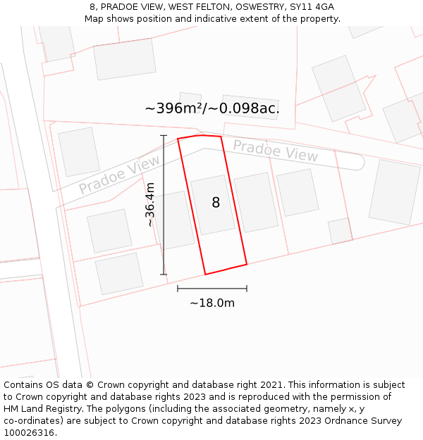 8, PRADOE VIEW, WEST FELTON, OSWESTRY, SY11 4GA: Plot and title map