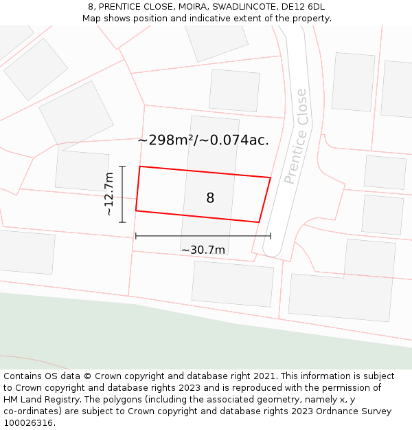 8, PRENTICE CLOSE, MOIRA, SWADLINCOTE, DE12 6DL: Plot and title map